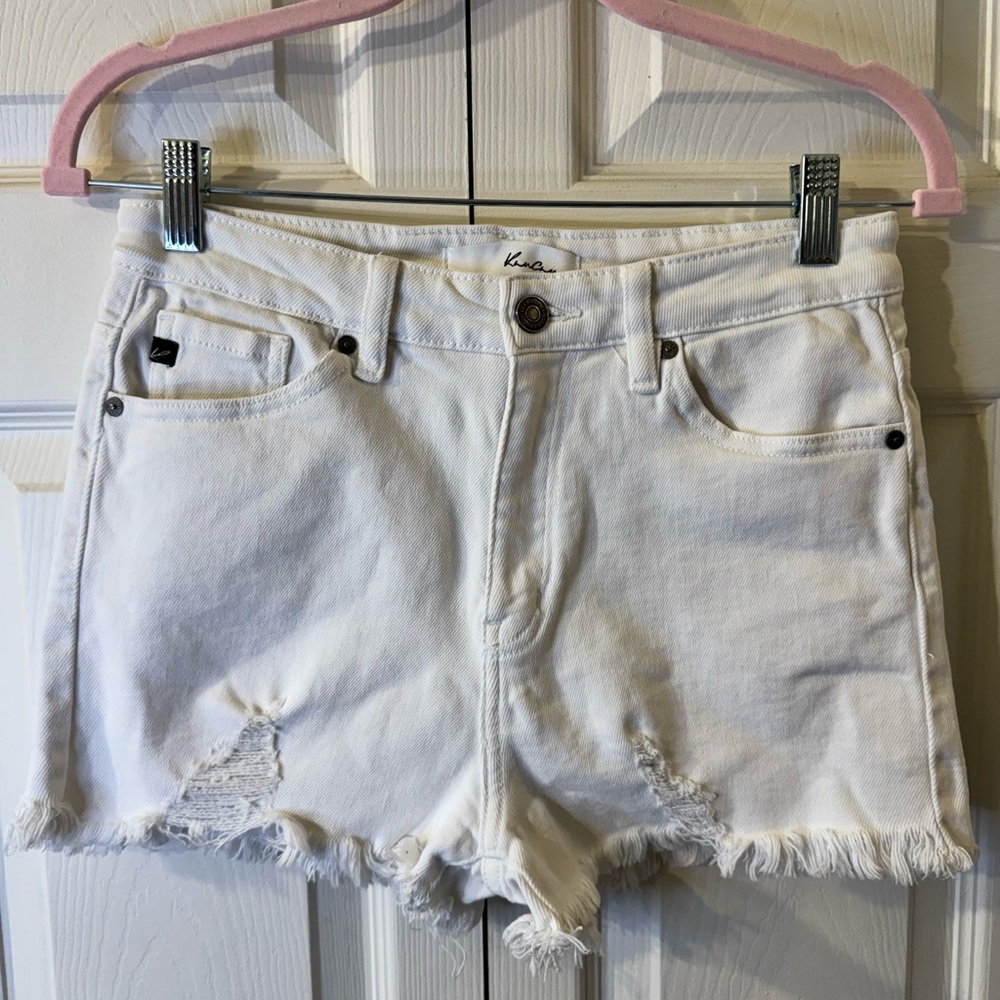 KanCan White Distressed Frayed Denim Shorts